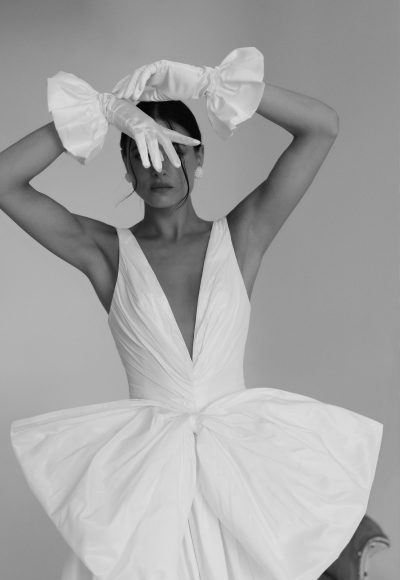 Sophisticated And Dramatic V-Neck A-Line Wedding Dress With Bow by Tal Kedem Bridal Couture