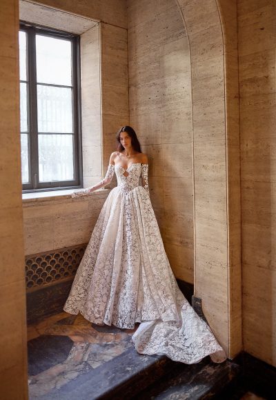 Romantic And Dramatic Basque-Waist Lace Ball Gown With Detachable Sleeves by Love by Pnina Tornai