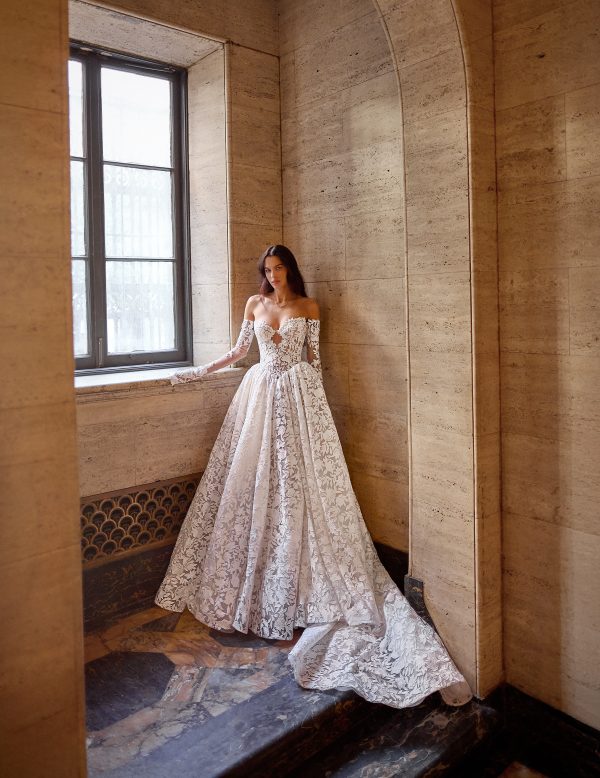 Romantic And Dramatic Basque-Waist Lace Ball Gown With Detachable Sleeves by Love by Pnina Tornai - Image 1