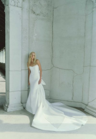 Chic and Contemporary Fit-and-Flare Wedding Dress With Abstract Bow by Rivini