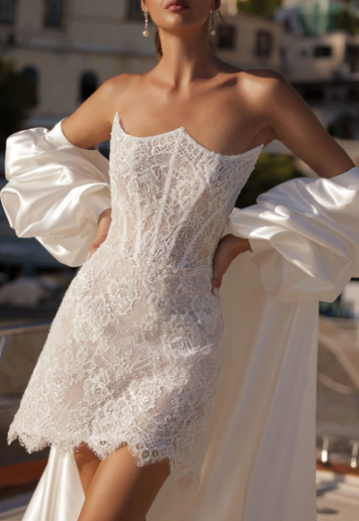 Lace Bridal Mini Dress With Detachable Silk Cape by Eden Aharon - Image 2