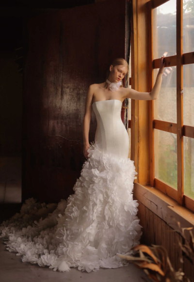 Sleek And Feminine 3D Floral Fit-and-Flare Wedding Dress by Eden Aharon