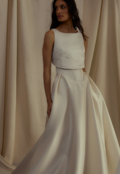 Elegant Satin Ball Gown With Hand-Embroidered Detachable Topper by Enaura Bridal - Image 2