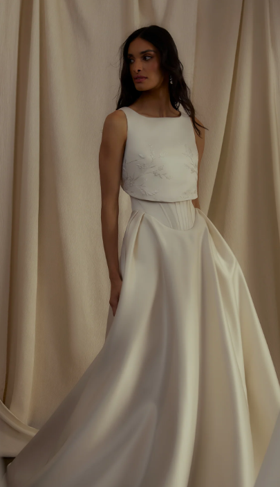 Elegant Satin Ball Gown With Hand-Embroidered Detachable Topper by Enaura Bridal - Image 2