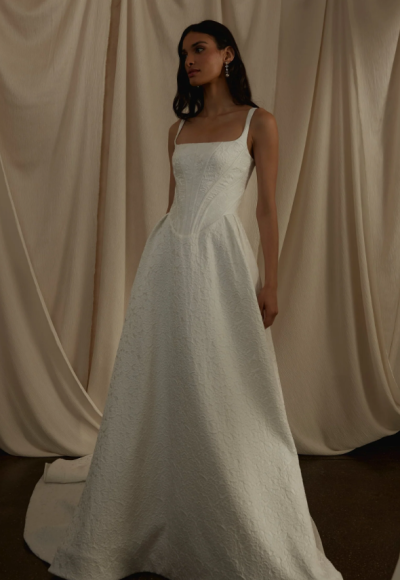 Elegant And Modern Basque-Waist Floral Jacquard A-Line Wedding Dress by Enaura Bridal