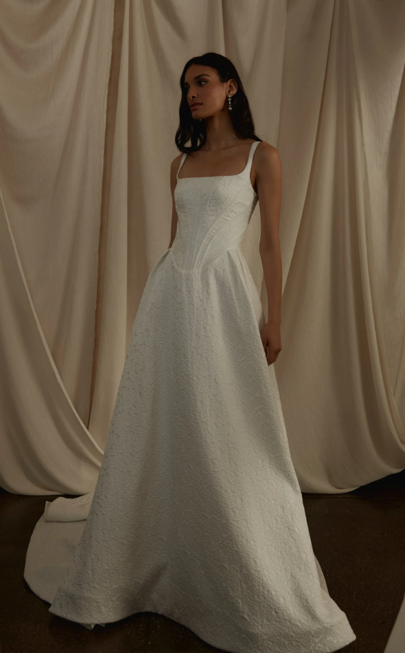 Elegant And Modern Basque-Waist Floral Jacquard A-Line Wedding Dress by Enaura Bridal - Image 1