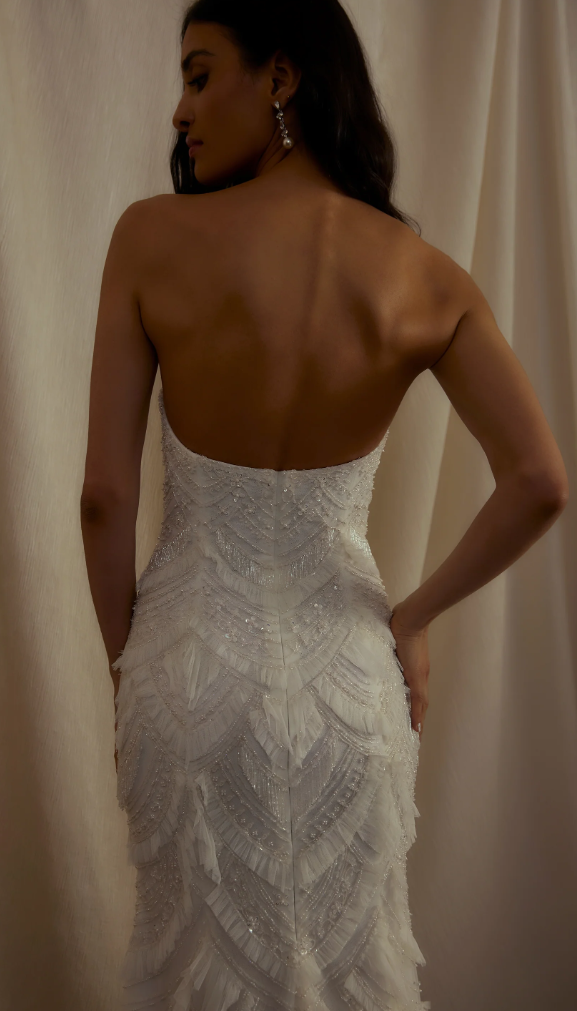 Vintage-Inspired Embellished Sheath Wedding Dress With Fringe by Enaura Bridal - Image 3