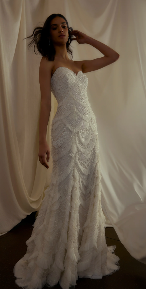 Vintage-Inspired Embellished Sheath Wedding Dress With Fringe by Enaura Bridal - Image 1