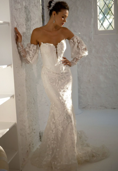 Embellished Basque-Waist Fit-and-Flare Wedding Dress With Detachable Puff Sleeves And Overskirt by Eve of Milady