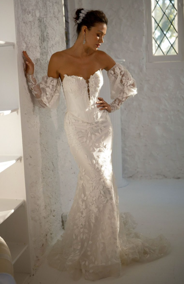 Basque-Waist Fit-and-Flare Wedding Dress With Detachable Puff Sleeves And Overskirt by Eve of Milady - Image 1