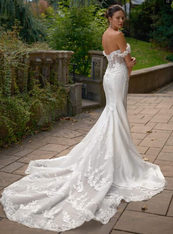 Off-The-Shoulder Fit-and-Flare Wedding Dress With Detachable Overskirt by Eve of Milady - Image 3