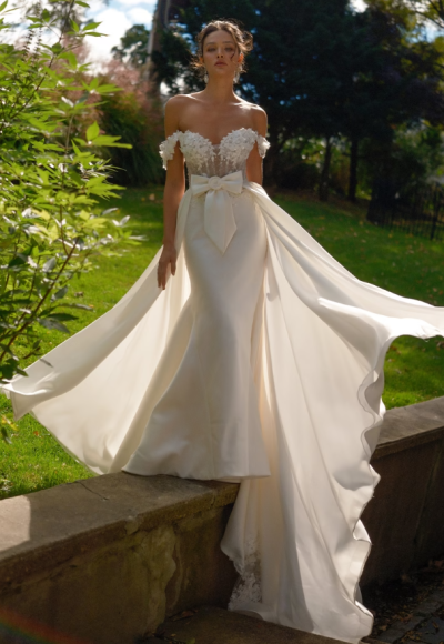 Off-The-Shoulder Fit-and-Flare Wedding Dress With Detachable Overskirt by Eve of Milady - Image 2