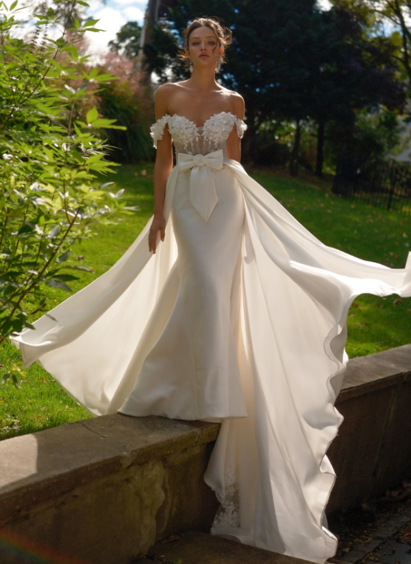 Off-The-Shoulder Fit-and-Flare Wedding Dress With Detachable Overskirt by Eve of Milady - Image 2