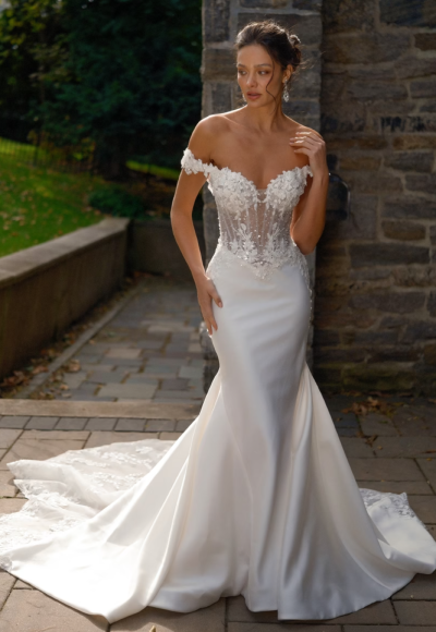 Off-The-Shoulder Fit-and-Flare Wedding Dress With Detachable Overskirt by Eve of Milady