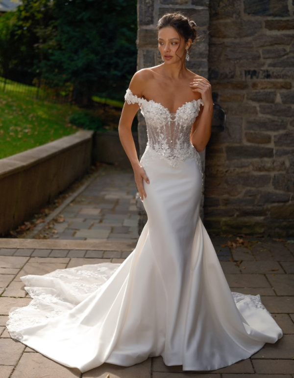 Off-The-Shoulder Fit-and-Flare Wedding Dress With Detachable Overskirt by Eve of Milady - Image 1