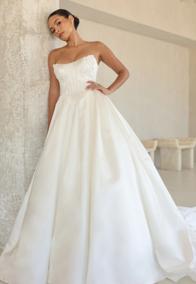 Strapless Pearl-Embellished Satin Ball Gown by Martina Liana Luxe