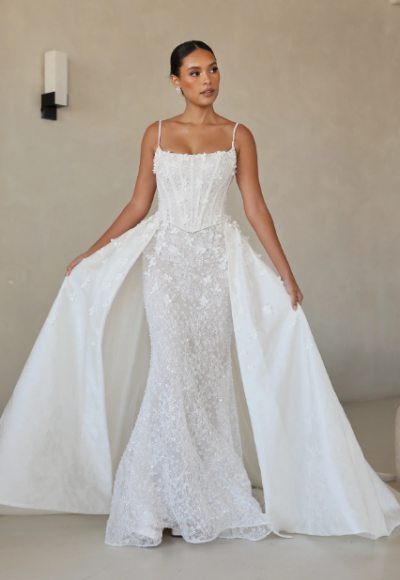 Embellished Floral Lace Sheath Wedding Dress With Detachable Overskirt by Martina Liana Luxe