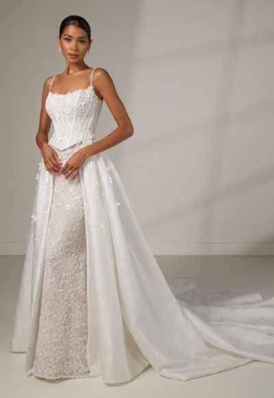 Embellished Floral Lace Sheath Wedding Dress With Detachable Overskirt by Martina Liana Luxe - Image 2