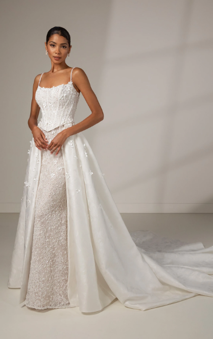 Embellished Floral Lace Sheath Wedding Dress With Detachable Overskirt by Martina Liana Luxe - Image 2