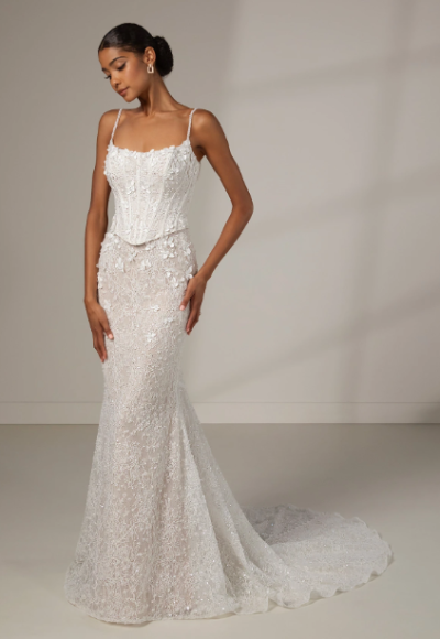 Embellished Floral Lace Sheath Wedding Dress With Detachable Overskirt by Martina Liana Luxe - Image 3