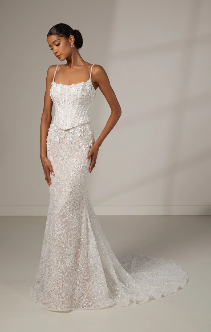 Embellished Floral Lace Sheath Wedding Dress With Detachable Overskirt by Martina Liana Luxe - Image 3