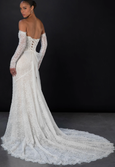 Embellished Lace Sheath Wedding Dress With Detachable Sleeves by Martina Liana - Image 2