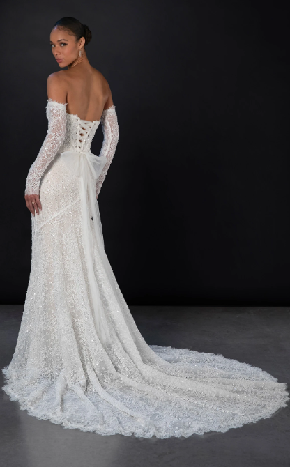 Embellished Lace Sheath Wedding Dress With Detachable Sleeves by Martina Liana - Image 2