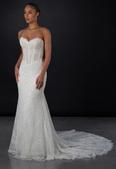 Embellished Lace Sheath Wedding Dress With Detachable Sleeves by Martina Liana