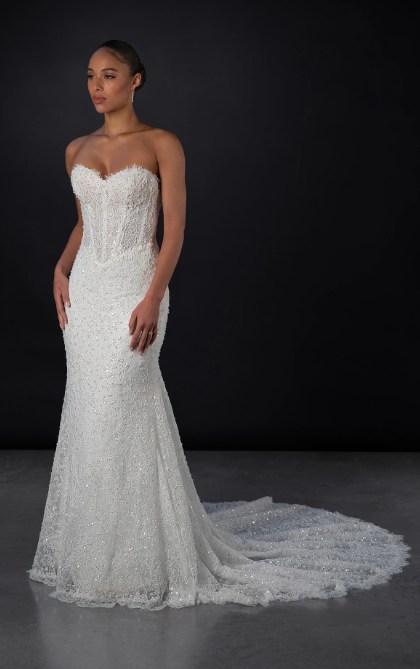 Embellished Lace Sheath Wedding Dress With Detachable Sleeves by Martina Liana - Image 1