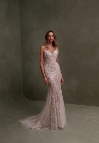 Strapless Embellished Lace Fit-and-Flare Wedding Dress by Nicole + Felicia