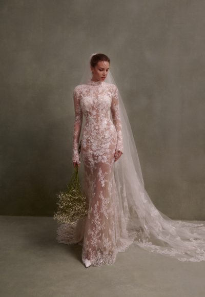 Sophisticated High-Neck Long Sleeve Fit-and-Flare Wedding Dress With Open Back by Nicole + Felicia