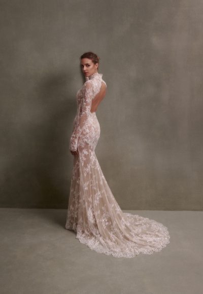 Sophisticated High-Neck Long Sleeve Fit-and-Flare Wedding Dress With Open Back by Nicole + Felicia - Image 2