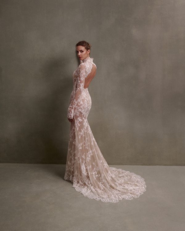 Sophisticated High-Neck Long Sleeve Fit-and-Flare Wedding Dress With Open Back by Nicole + Felicia - Image 2