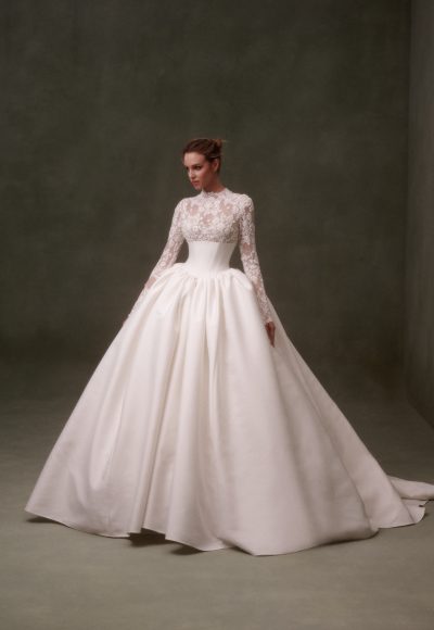 Timeless And Regal Long Sleeve Lace Ball Gown With Silk Mikado Skirt by Nicole + Felicia