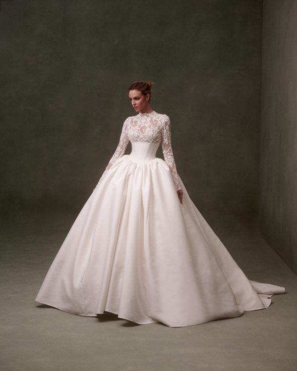 Timeless And Regal Long Sleeve Lace Ball Gown With Silk Mikado Skirt by Nicole + Felicia - Image 1