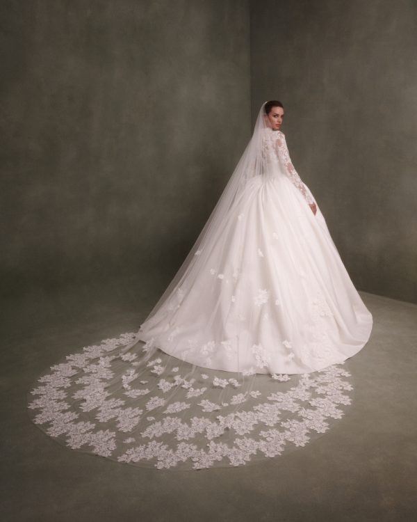 Timeless And Regal Long Sleeve Lace Ball Gown With Silk Mikado Skirt by Nicole + Felicia - Image 2