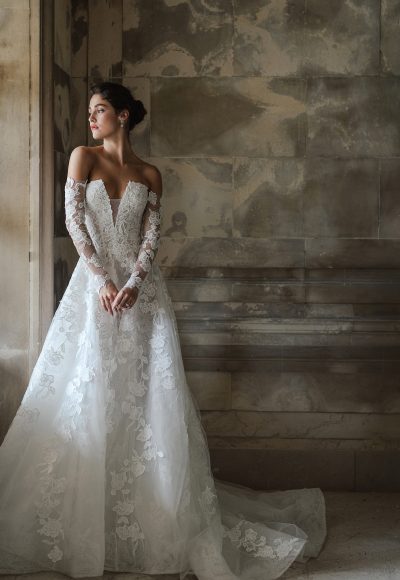 Romantic And Modern Floral Lace Ball Gown With Detachable Sleeves by Anne Barge