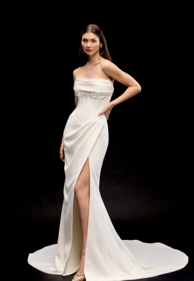 Glamorous Embellished Sheath Wedding Dress With Corset And Slit by Justin Alexander Signature