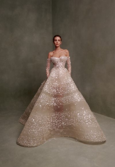 Dramatic Embellished Off-the-Shoulder Long Sleeve Ball Gown by Nicole + Felicia