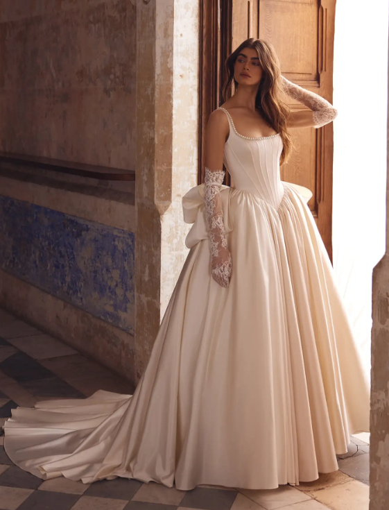 Timeless Basque-Waist Satin Ball Gown With Bow by Love by Pnina Tornai - Image 1