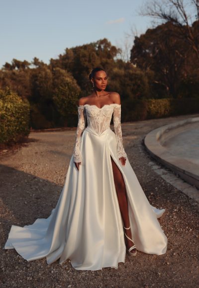 Romantic Off-The-Shoulder Long Sleeve A-Line Wedding Dress With Slit by Love by Pnina Tornai