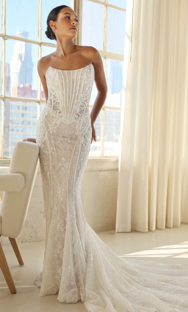 Embellished Chantilly Lace Fit-and-Flare Wedding Dress With Buttons by Martina Liana Luxe - Image 1