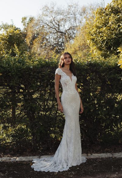 Romantic And Vintage Lace Cap Sleeve Sheath Wedding Dress by Love by Pnina Tornai