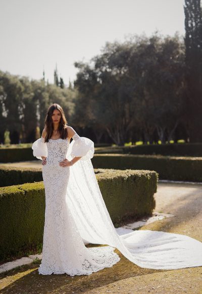 Chic And Romantic Lace Sheath Wedding Dress With Cape by Love by Pnina Tornai