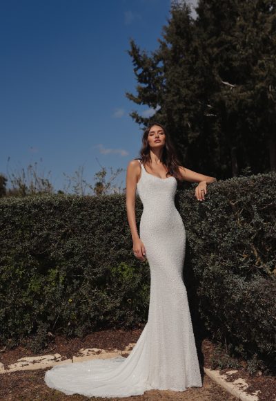 Sparkly Scoop-Neck Sheath Wedding Dress With Open Back by Love by Pnina Tornai