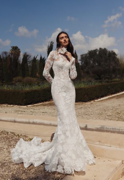 Modern And Dramatic Long Sleeve Fit-and-Flare Wedding Dress With Satin Overskirt by Love by Pnina Tornai
